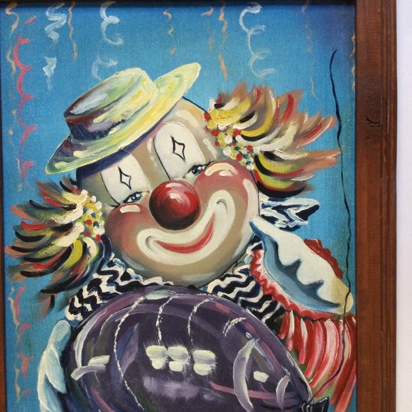 Donna Hogan 1988 oil painting on canvas board clown balloon solid wood frame - Picture 3 of 6